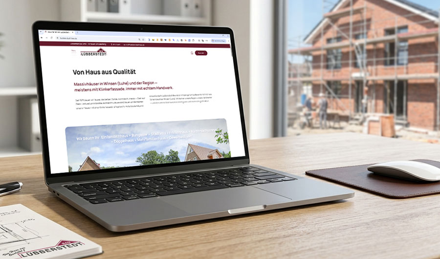 Auf dem Laptop auf dem Schreibtisch ist eine Baustellen-Website zu sehen; im Hintergrund ist durch das Fenster die Baustelle zu erkennen.