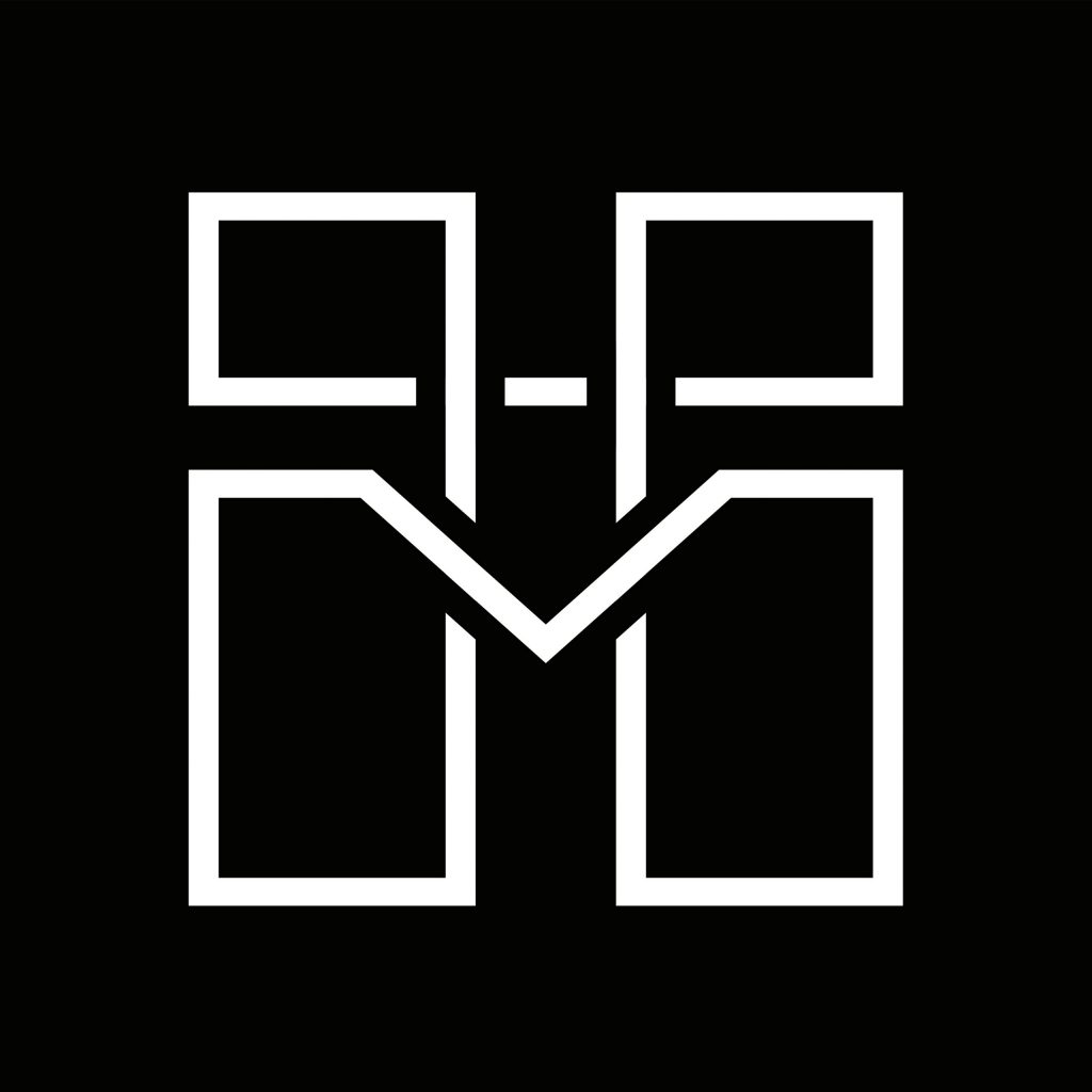 Weißes geometrisches Monogramm mit den Buchstaben HM auf schwarzem Hintergrund, inspiriert vom Hamburger Minimalismus.