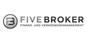 Five Broker Logo mit Finanz- und Vermögensmanagement in deutscher Sprache, das Grafikdesign-Kompetenz aus Hamburg widerspiegelt.