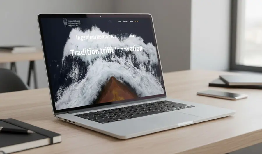 Ein Laptop auf einem Schreibtisch zeigt eine Webdesign-Website mit deutschem Text und einem Bild von Wellen um einen Schiffsbug.